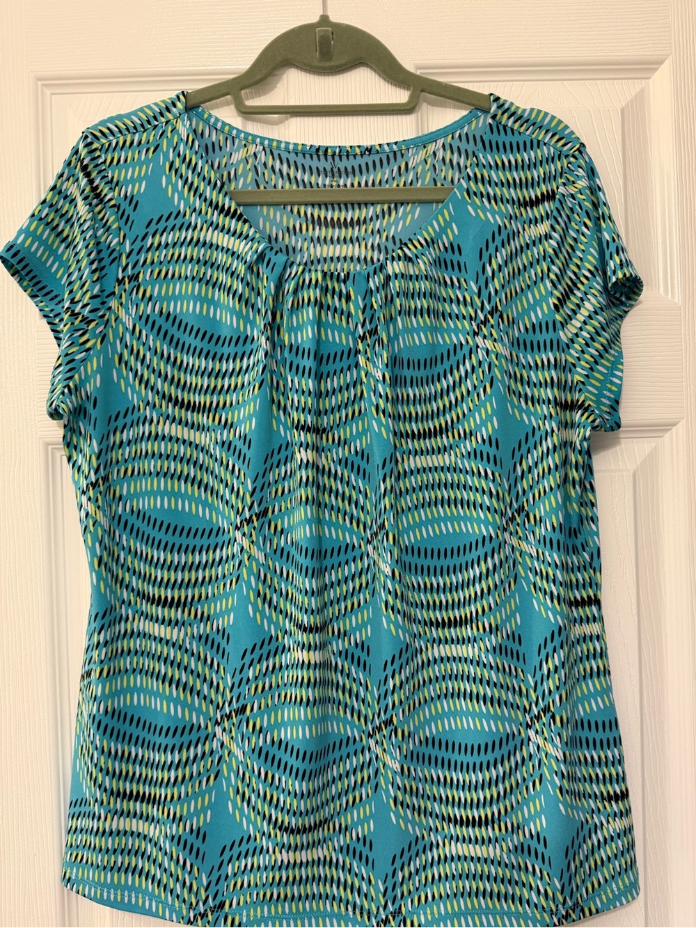 Worthington Teal & Black Patterned Short-Sleeve Scoop Neck Top